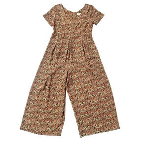 Vtg 90s Jumpsuit XS Tan Pink Ditsy Floral Wide Leg Boho Cottagecore Y2K Prairie